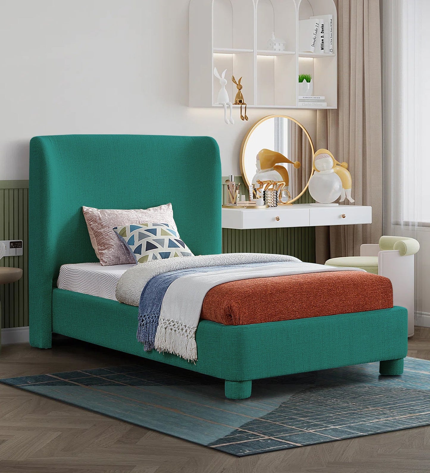 Lenny Fabric Upholstered Single Bed in Sea Green Colour 1