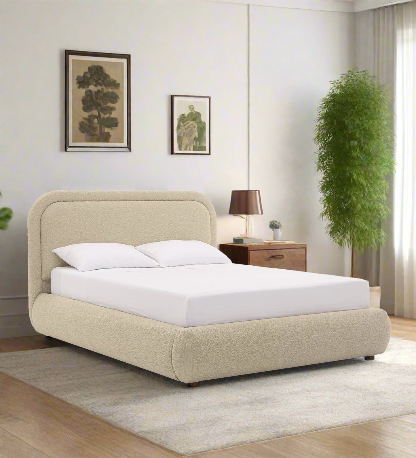 Nemo Boucle Fabric King Size Bed in Shell White Colour 1