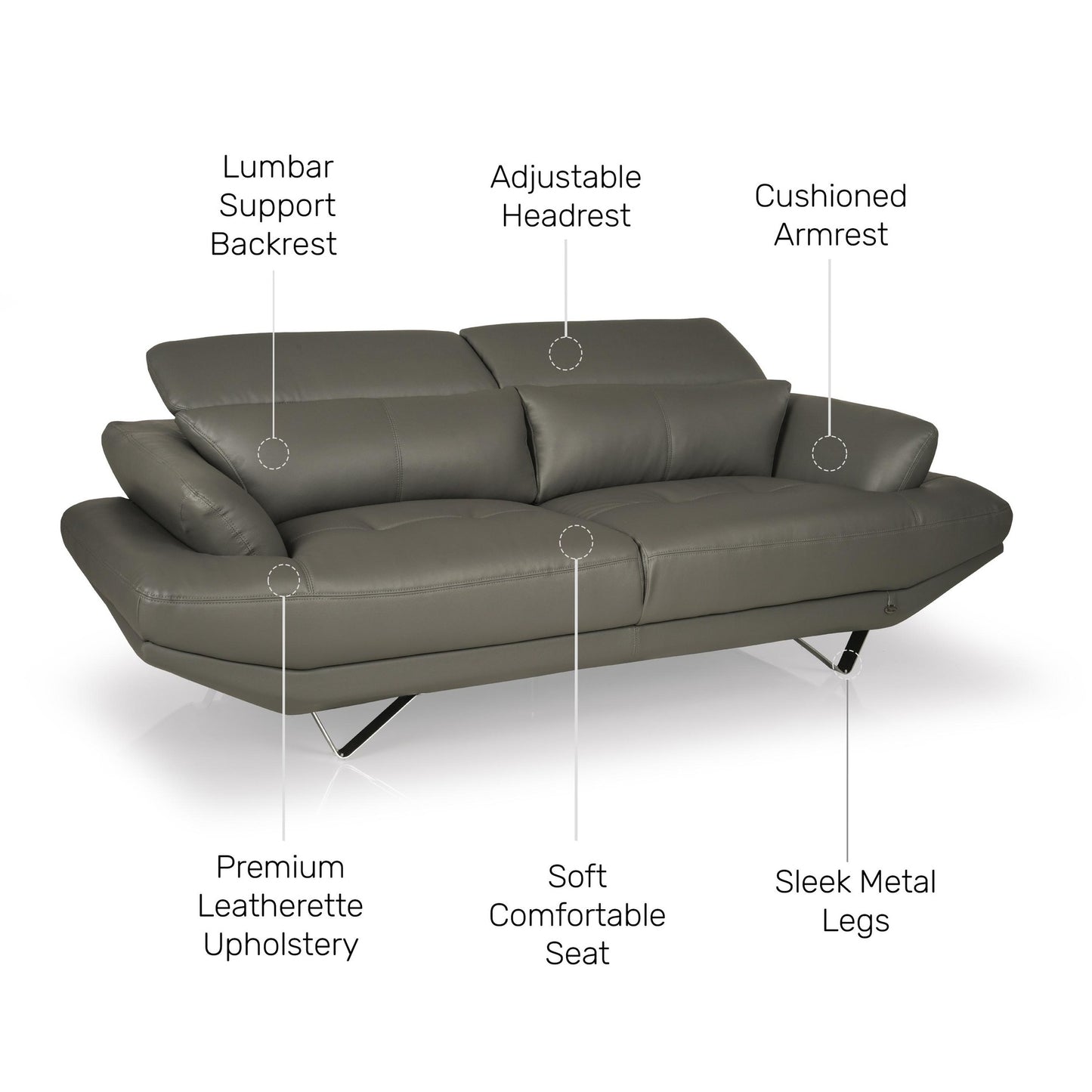 Orlando Leatherette 3 Seater Sofa with Adjustable Headrest