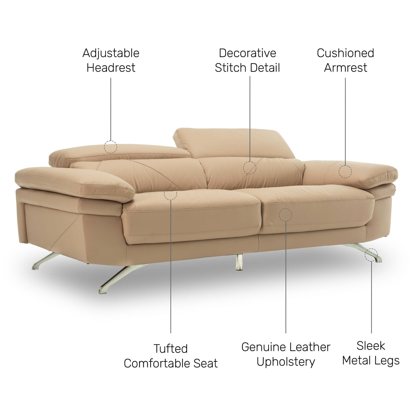 Philly Leather 3 Seater Sofa with Adjustable Headrest