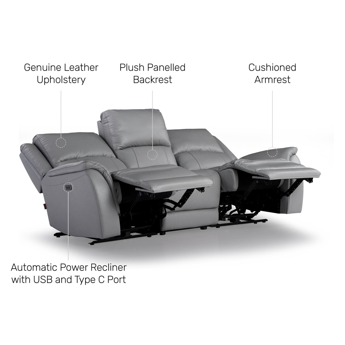 Meredith Leather 3 Seater Power Recliner with Charging Ports