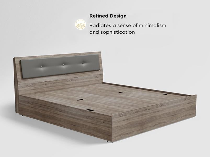 Stud Queen Size Bed with Upholstered Headboard and Pullout Storage