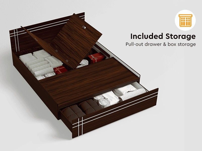 Amara King Size Engineered Wood Bed With Drawer & Box Storage