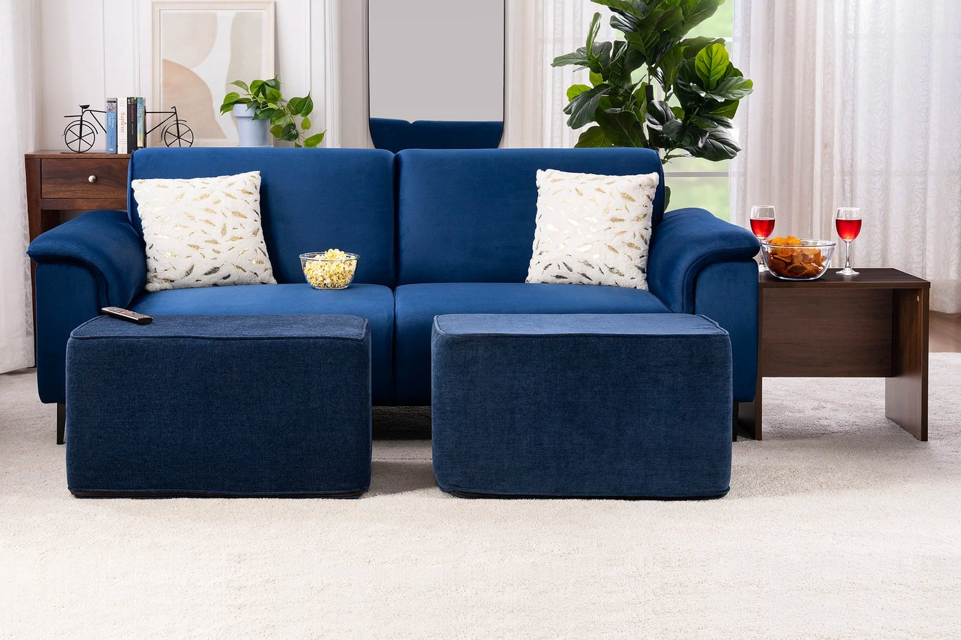 Leo Velvet 3 Seater Sofa and Ottomans In Imperial Blue Colour