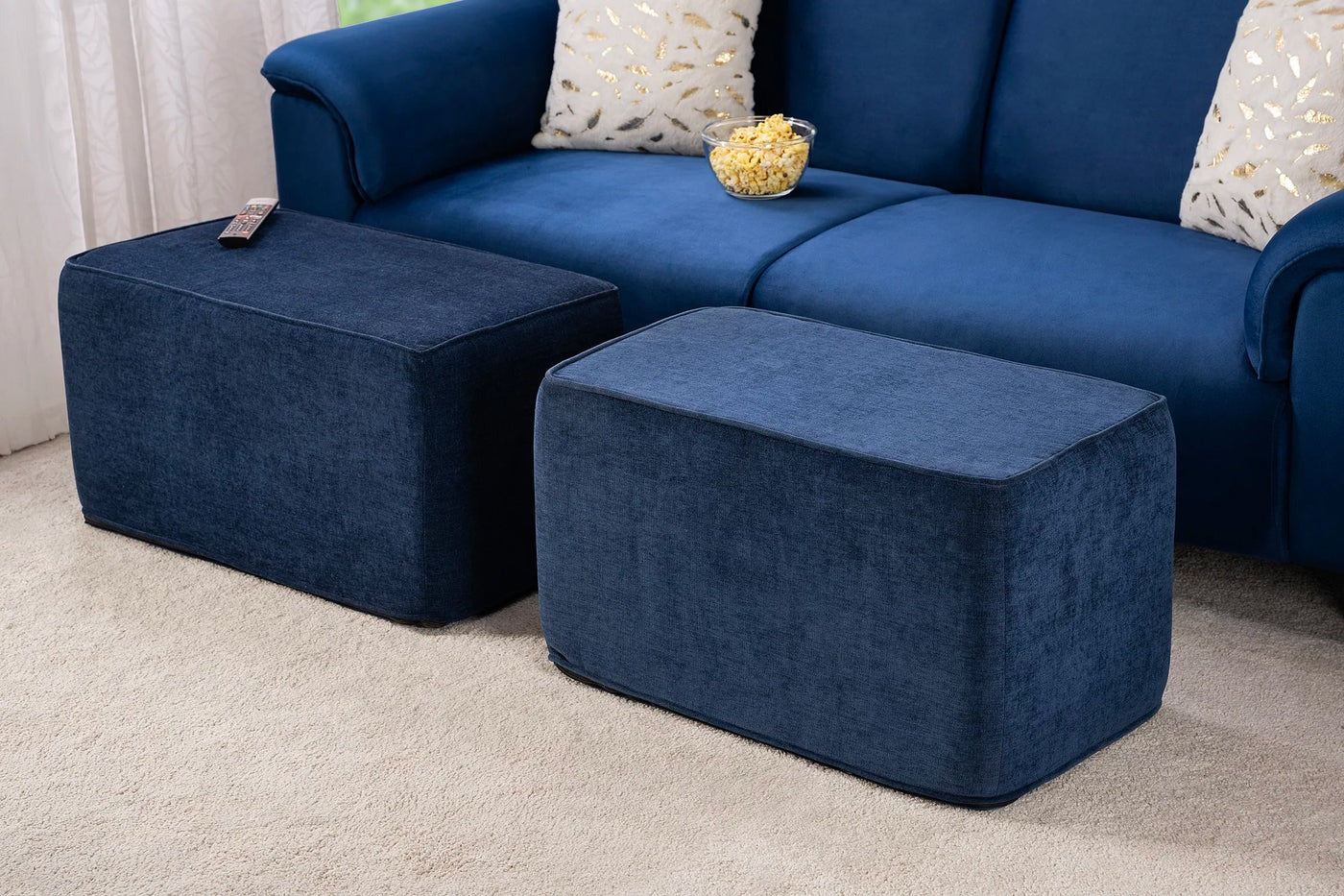 Leo Velvet 3 Seater Sofa and Ottomans In Imperial Blue Colour