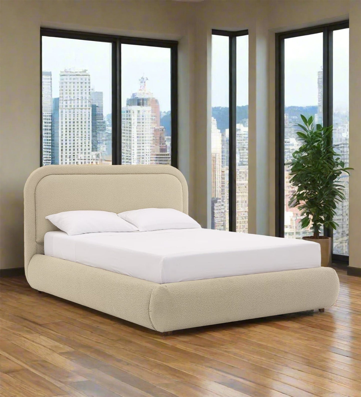 Nemo Boucle Fabric Queen Size Bed in Shell White Colour 1