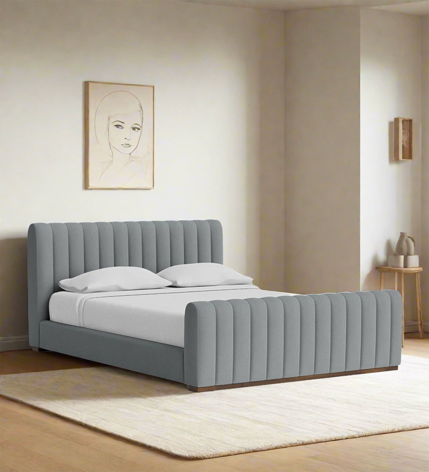 Nalan Fabric Upholstered King Size Bed in Pubble Grey Colour 1