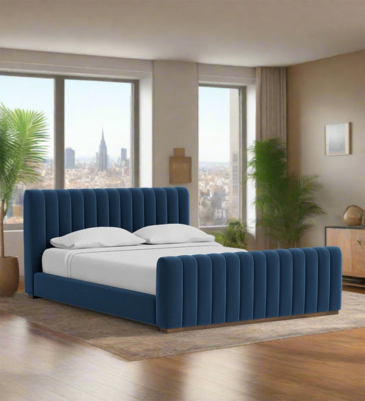 Nalan Fabric Upholstered Queen Size Bed in Imperial Blue Colour 1