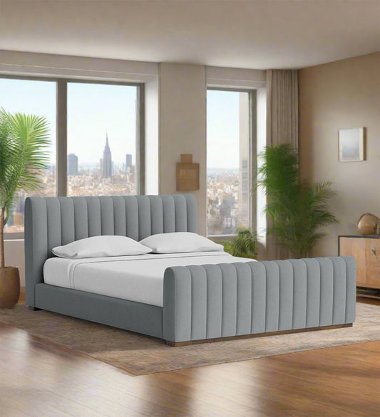 Nalan Fabric Upholstered Queen Size Bed in Pubble Grey Colour 1