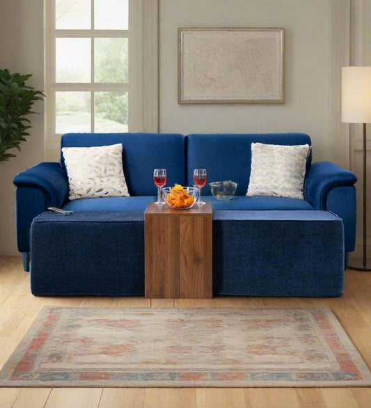 Leo Velvet 3 Seater Sofa and Ottomans In Imperial Blue Colour