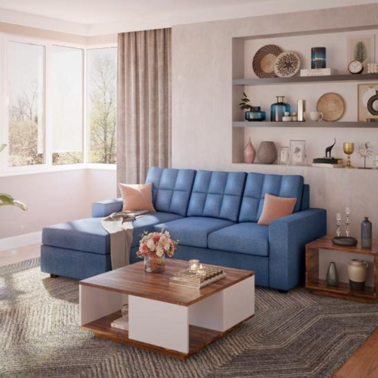 Cyan L Shape Sofa Fabric Blue