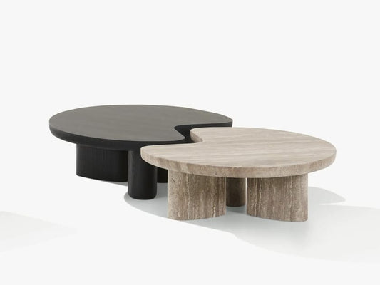Round travertine and wood coffee table