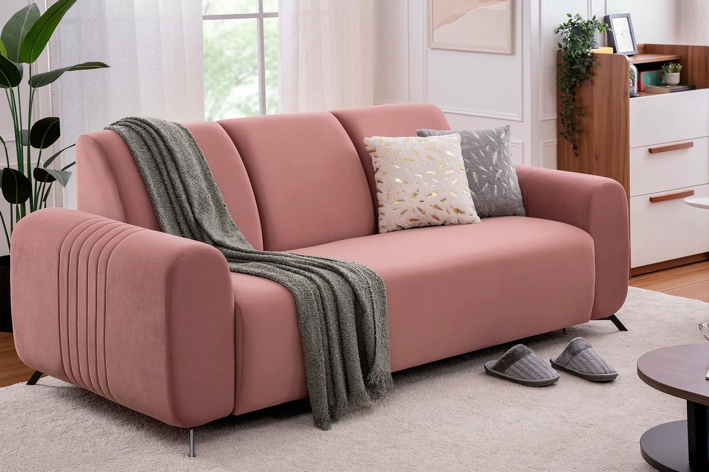 Helio Velvet 3 Seater Sofa In Millennial Pink Colour